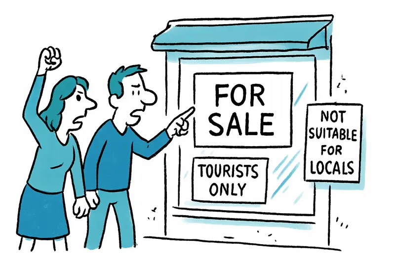 «Solo para turistas» en el escaparate: Més escenifica protesta contra el aumento de los alquileres comerciales