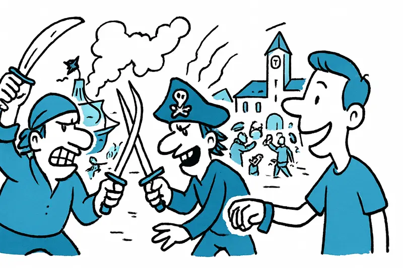 Batalla de piratas en Sóller: fuego, humo y pulseras en la plaza del pueblo