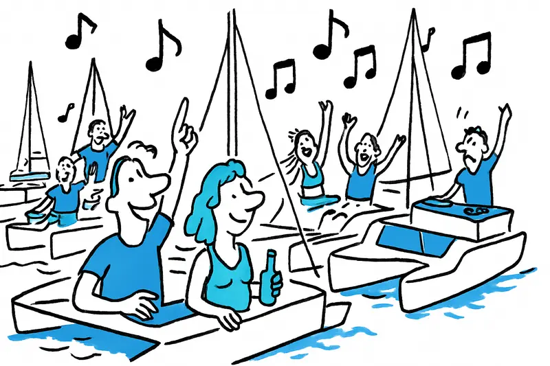 Siete catamaranes, una fiesta — al borde de la zona protegida